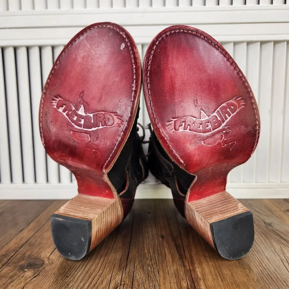 Freebird Braeden Heeled Sandal Booties Womens Sz 9 Black Red Buckle Strap Shoes